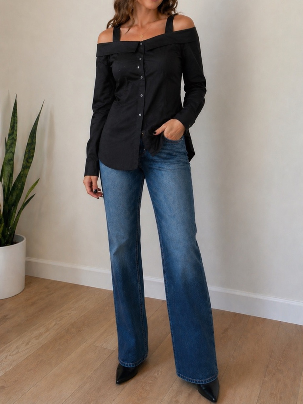 ROBERT RODRIGUEZ OFF THE SHOULDER BUTTON DOWN LONG SLEEVE TOP / BLACK / SIZE 8